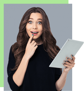 Young lady holding a tablet with a surprised look on her face.