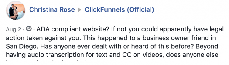 Facebook post with an individual asking about ADA compliant websites.