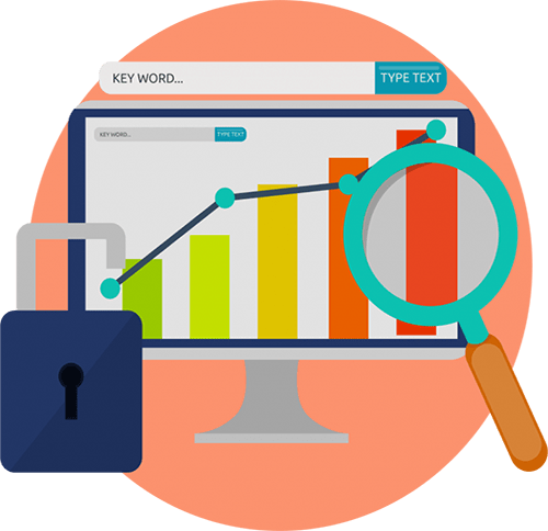 Drawing of a computer monitor showing a graph with a magnifying glass focused on a portion of the graph representing search engine keyword results.