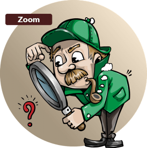 Cartoon drawing with the word "Zoom" at the top and an older man using a large magnifying glass to view a question mark.